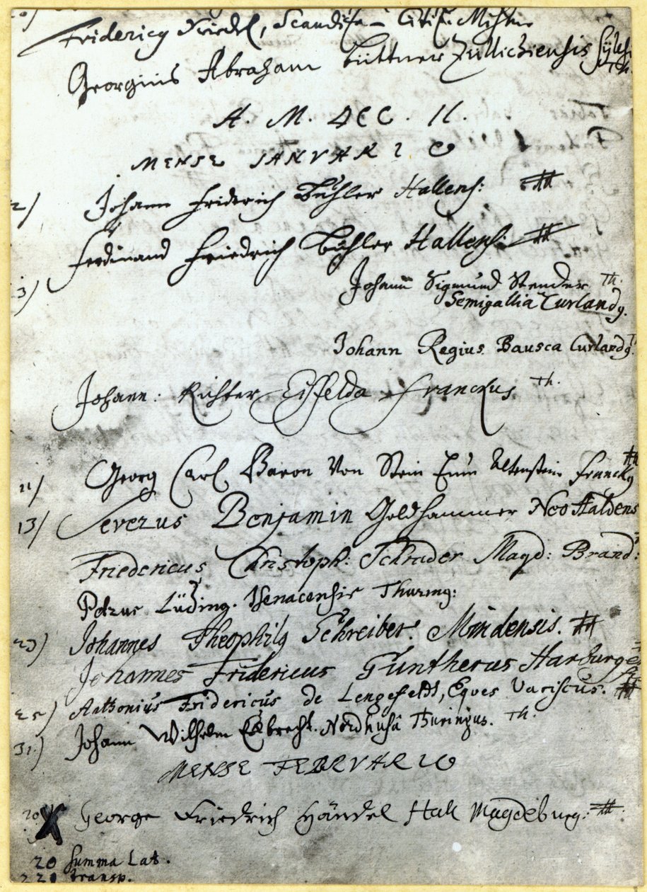 ヘンデルの名前を示すハレ大学の記録、1702年 作： ドイツ語学校