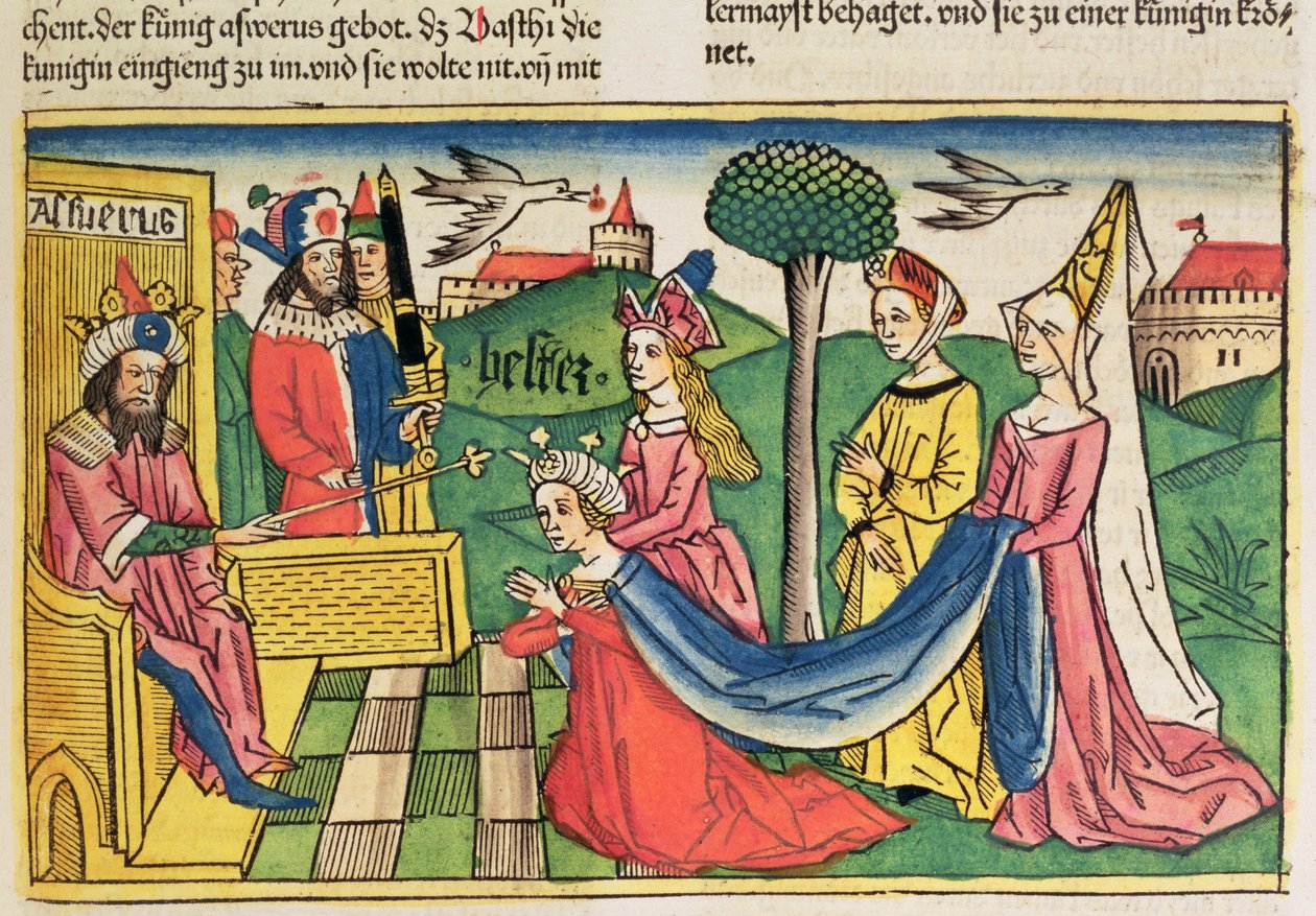 Esther 2 15-18、エステルは、ニュルンベルク聖書（Biblia Sacra Germanaica）（色の木版画）からペルシャ王アハシュエロスによって女王に選ばれました 作： ドイツ語学校