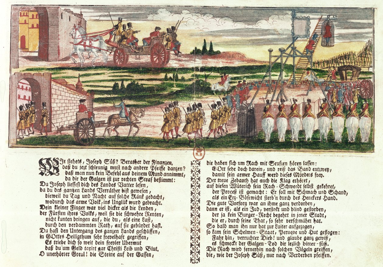 1738年のジョセフズースオッペンハイマーの処刑（色付きの木版画） 作： ドイツ語学校