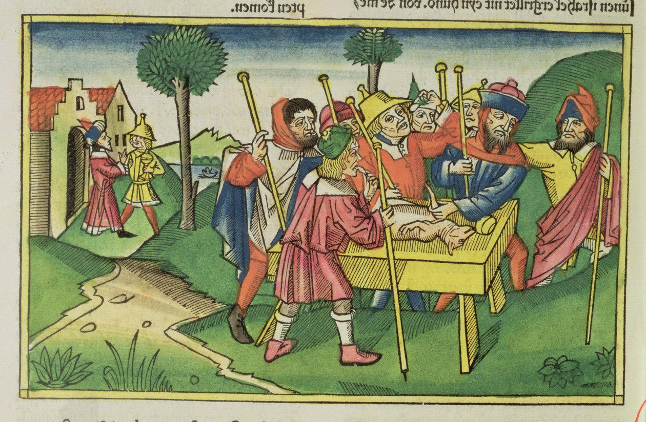 出エジプト記12ニュルンベルクの聖書からの最初の過ぎ越しの祭り（Biblia Sacra Germanaica）（色の木版画） 作： ドイツ語学校