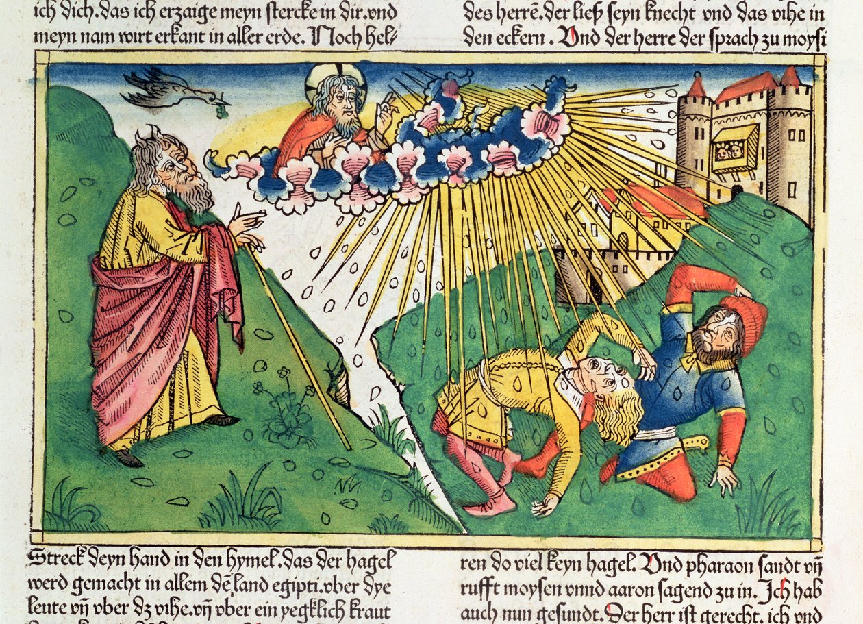 出エジプト記 9 13-35 エジプトの七つの災い: モーセと雹と稲妻の災い、「ニュルンベルク聖書 (Biblia Sacra Germanaica)」から (色付きの木版画) 作： ドイツ語学校