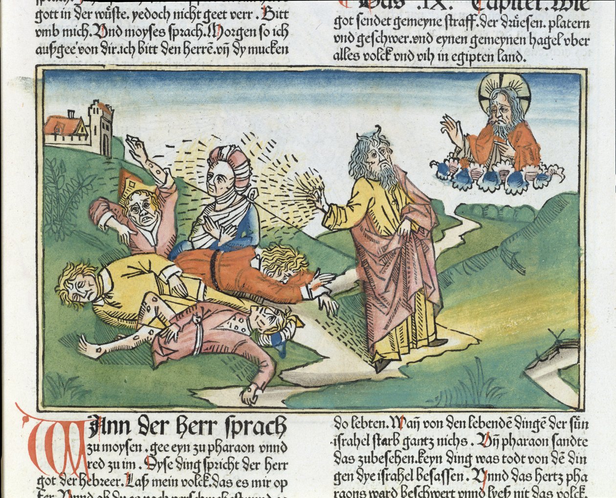 出エジプト記9 8-12エジプトの七つの災い：モーセと沸騰の疫病、ニュルンベルク聖書（Biblia Sacra Germanaica）（色の木版画） 作： ドイツ語学校