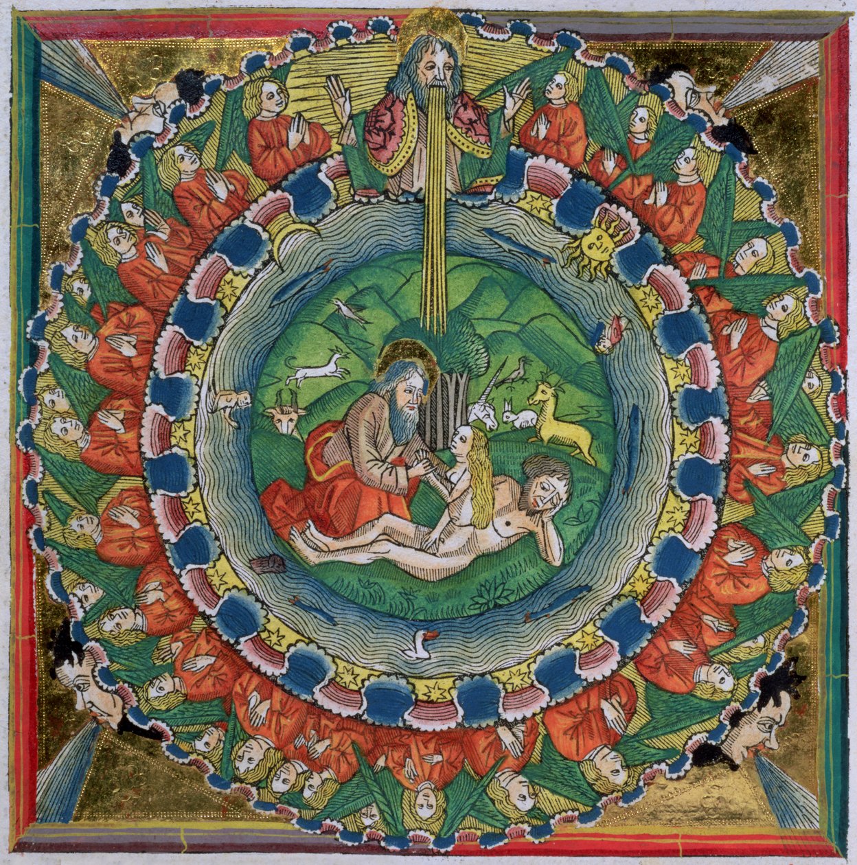 創世記2:22のファクシミリコピーは、ニュルンベルク聖書（Biblia Sacra Germanaica）からイブを作成しました 作： ドイツ語学校