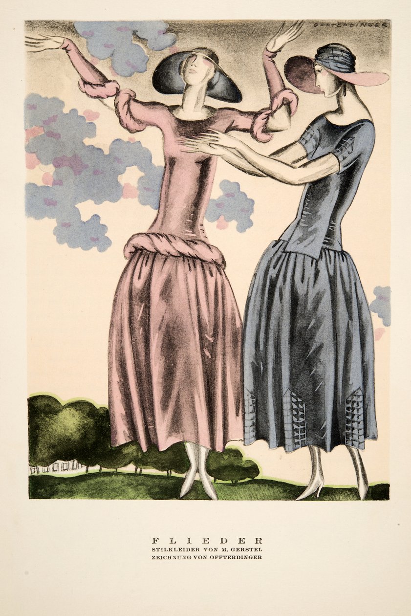 「Flieder"、M.ゲルステルによる衣料品の広告、Styl, pub.1922より（ポショワール版画） 作： ドイツ語学校