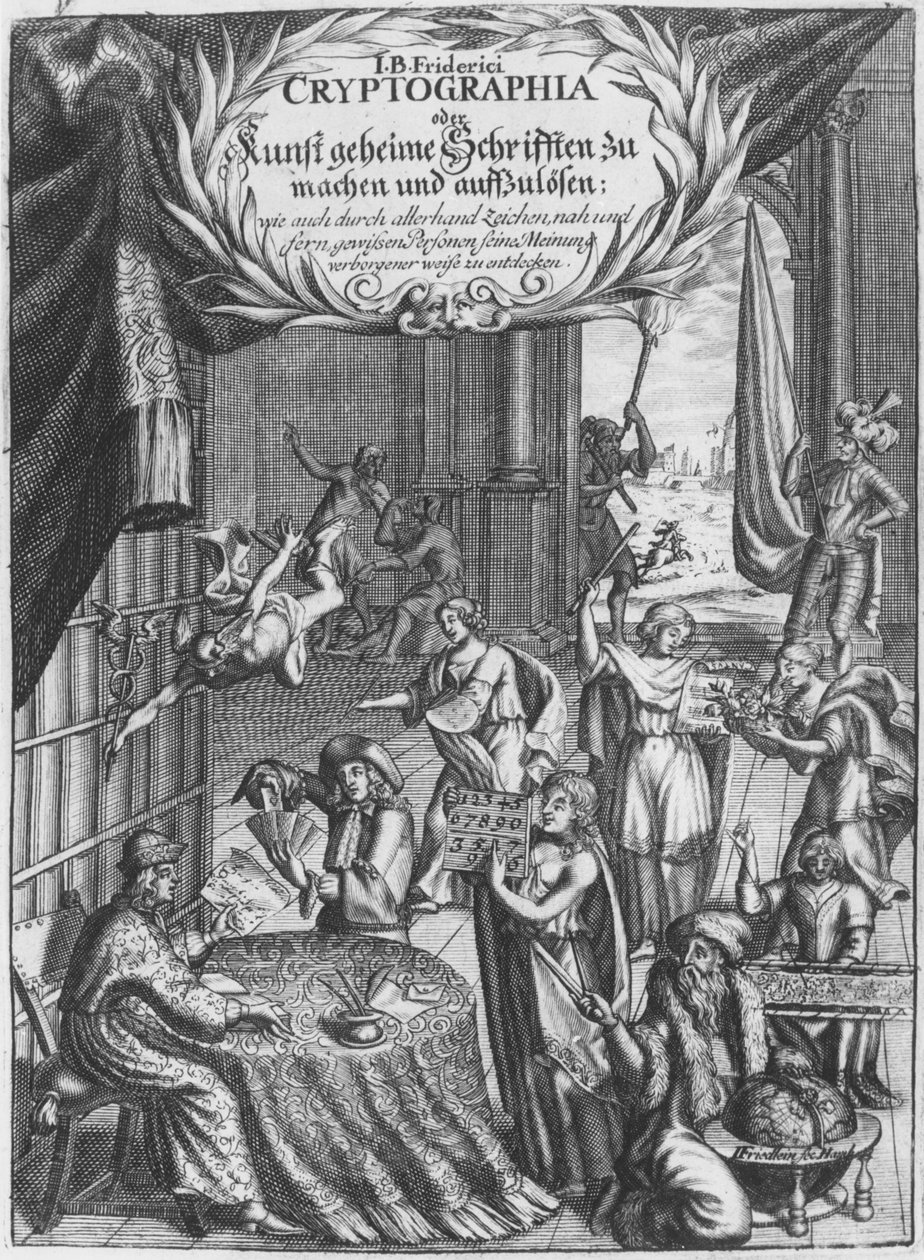 1685年にハンブルクで出版されたヨハンフリードライン（17世紀）によって彫刻された、ヨハンバルタザールフリデリチによるフロンティピース、暗号文のイラスト、または秘密の著作 作： ドイツ語学校