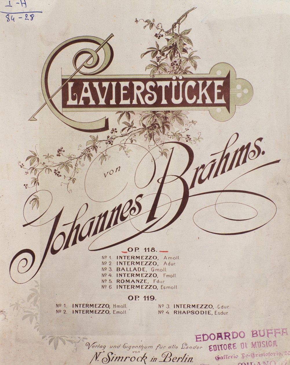 ヨハネスブラームス（1833-1897）によるClavierstucke（Op。118とop。119）の口絵 作： ドイツ語学校