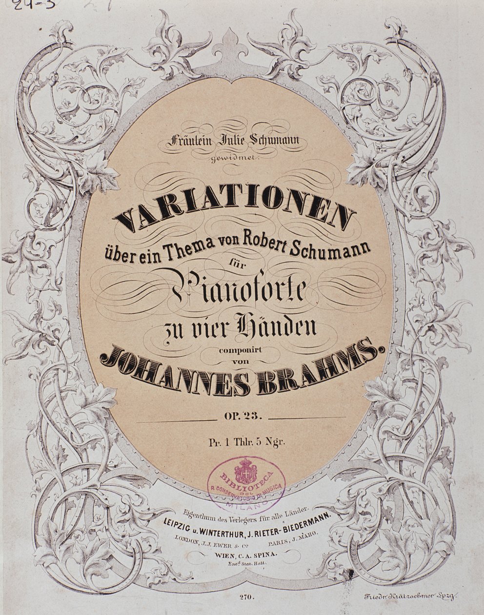 ヨハネス・ブラームス（1833-1897）の「ロベルト・シューマンの主題による変奏曲」（作品23）の正面図 作： ドイツ語学校