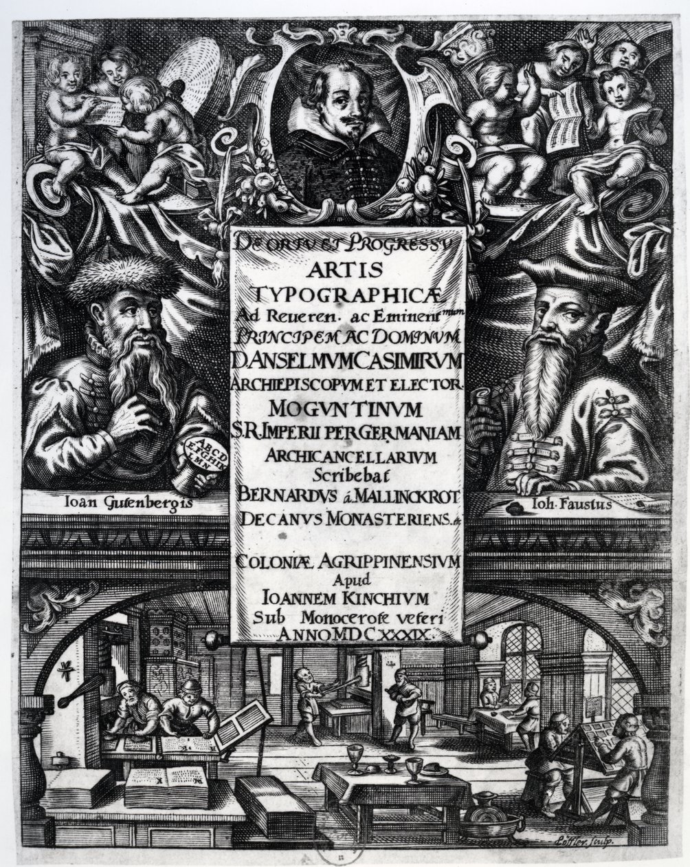 「タイポグラフィの起源と歴史について」への口絵、ベルナルドゥス・マリンクロット著、1634年 作： ドイツ語学校