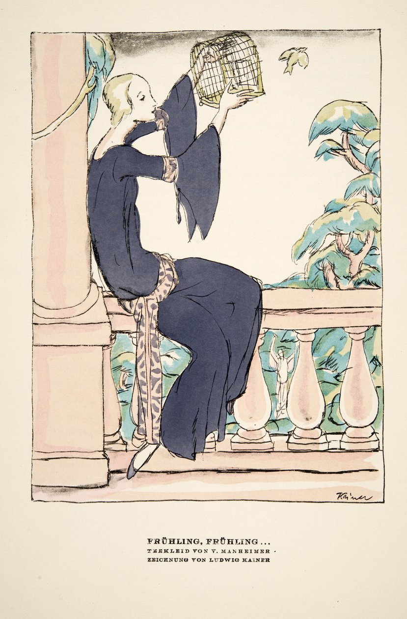 「Frühling、Frühling」、V.マンハイマーによるティー・ドレスの広告、Styl, pub.1922より（ポショワール版画） 作： ドイツ語学校