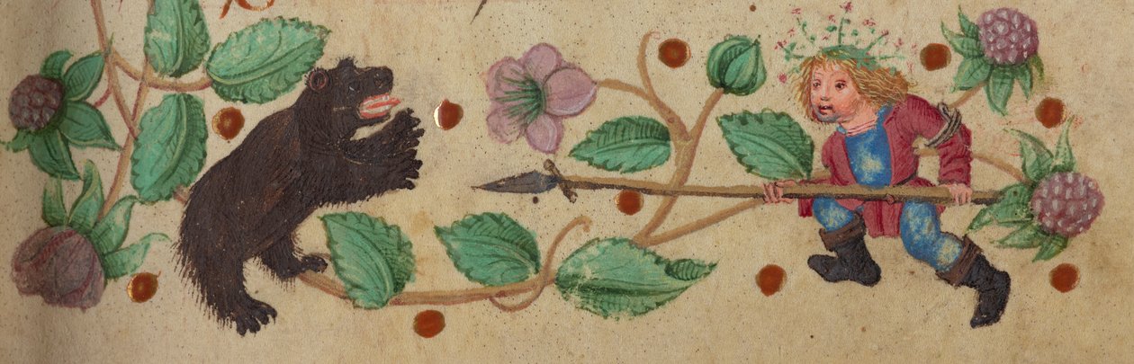 クマを槍で突き刺すガーランドハンター、c。 1475年～1485年 作： ドイツ語学校