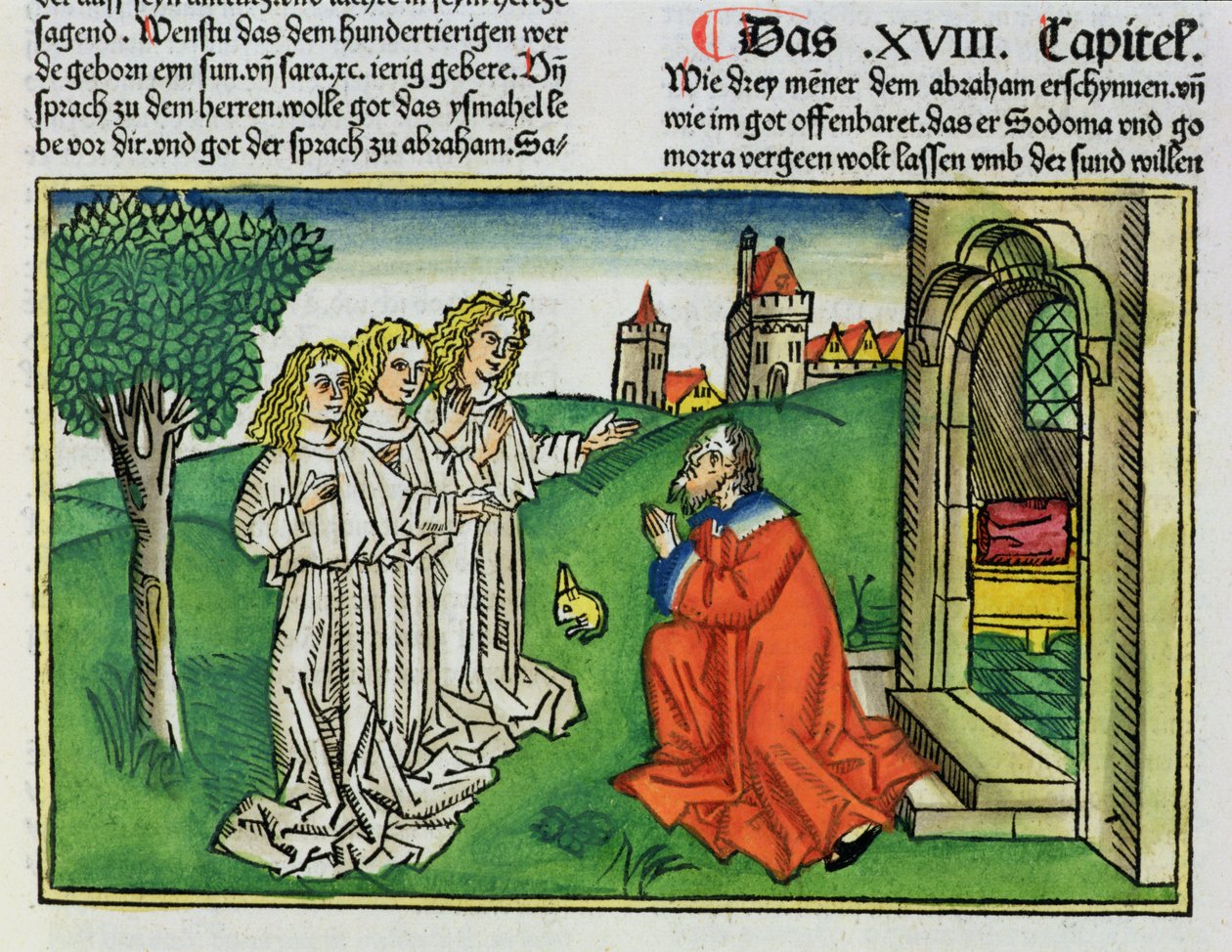 創世記18 2アブラハムと三人の天使、ニュルンベルク聖書（Biblia Sacra Germanaica）（色の木版画） 作： ドイツ語学校