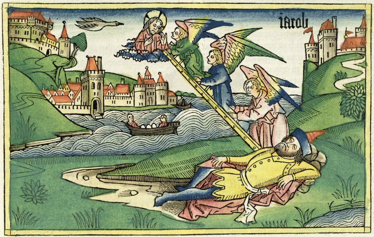 創世記28 10ニュルンベルク聖書からのジェイコブスのはしご（Biblia Sacra Germanaica）（色の木版画） 作： ドイツ語学校