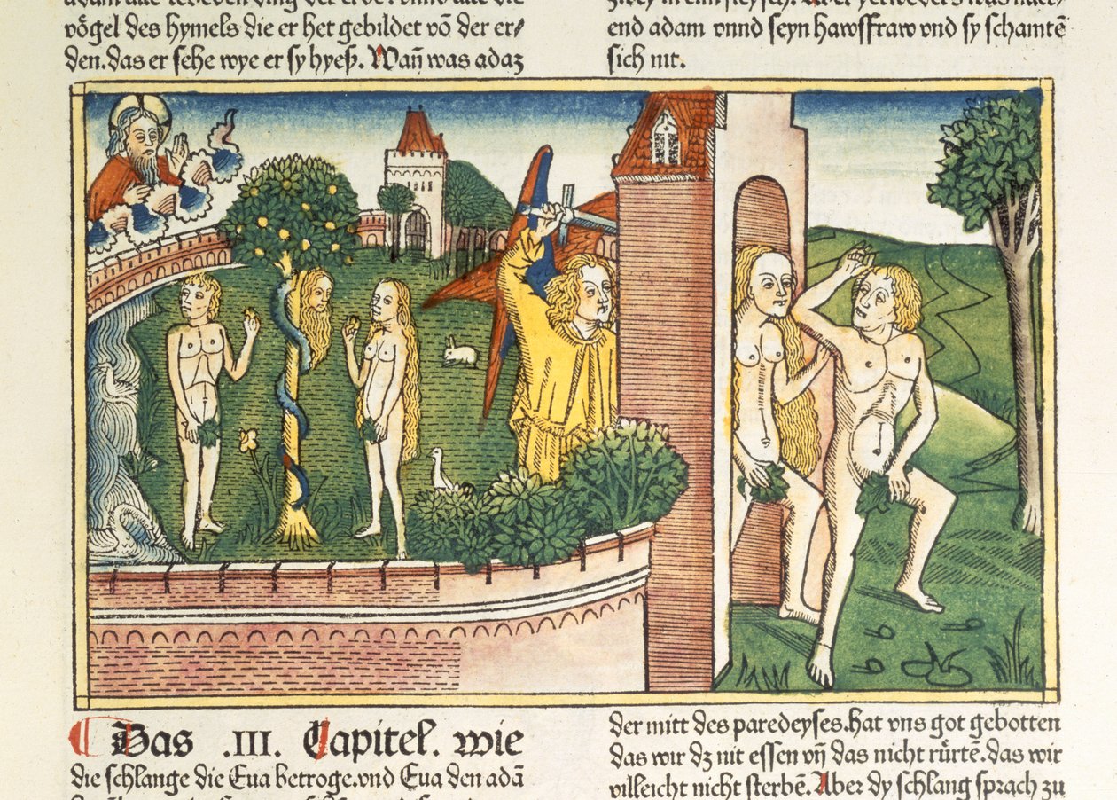 創世記3 1-24誘惑と楽園からの追放、ニュルンベルク聖書（Biblia Sacra Germanaica）（色の木版画） 作： ドイツ語学校