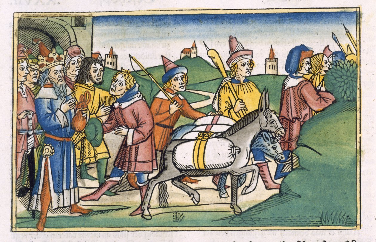 創世記 41 14-24 ファラオの夢、「ニュルンベルク聖書 (Biblia Sacra Germanaica)」から (着色された木版画) 作： ドイツ語学校