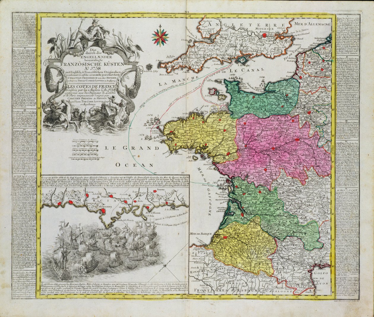 1758年のフランスの港へのイギリスの海軍攻撃を示すドイツの地図 作： ドイツ語学校