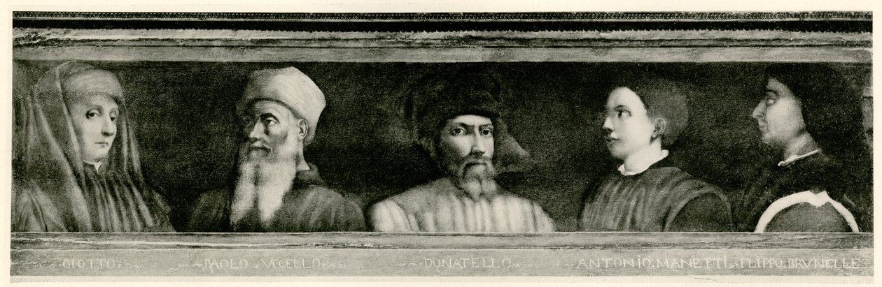 ジョット・ディ・ボンドーネ（1267 - 1337）、パオロ・ウッチェロ（1397 - 1475）、ドナテッロ（1386 - 1466）、アントニオ・マネッティ（1402 - 1460）、フィリッポ・ディ・デル・ブルネレスコ（1377 - 1466）。 作： ドイツ語学校