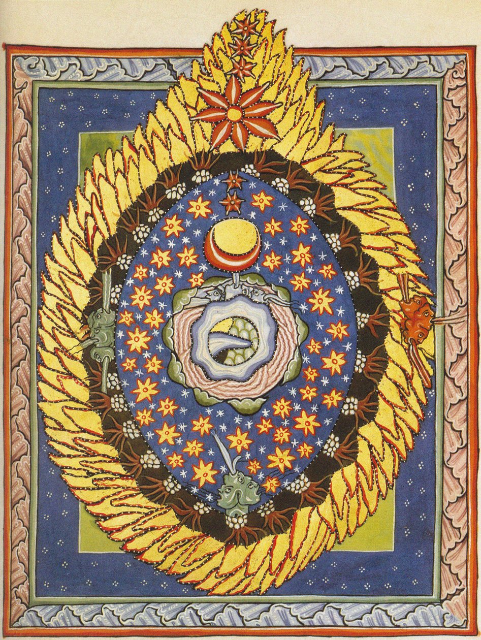 神と宇宙と人類。 ヒルデガルト・オブ・ビンゲン作「Liber Scivias」のミニチュア、1175年頃（羊皮紙に水彩） 作： ドイツ語学校