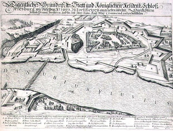1663年のプレスブルグの町と城の平面図とその要塞化、オスマン帝国のヨーロッパ遠征に関する本の挿絵、Paul Furst (c.1605-66) (エングレーヴィング) 作： ドイツ語学校