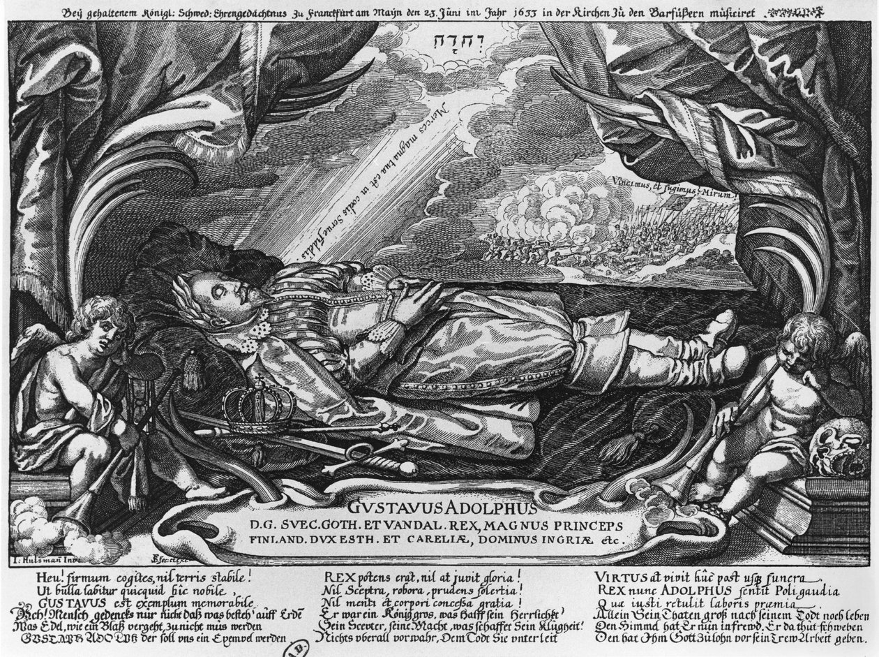 グスタフアドルフ2世（1594〜1632年）スウェーデンの王、死の床、1633年 作： ドイツ語学校