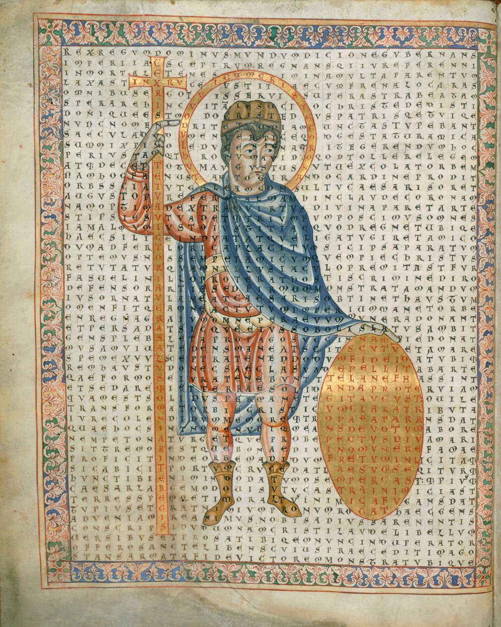 Harley 3045 fol.2 敬虔な皇帝ルイ 1 世、十字架と盾を持っている、「De Laudibus Sancte Crucis」、c.1170-79 (ベラム) から 作： ドイツ語学校