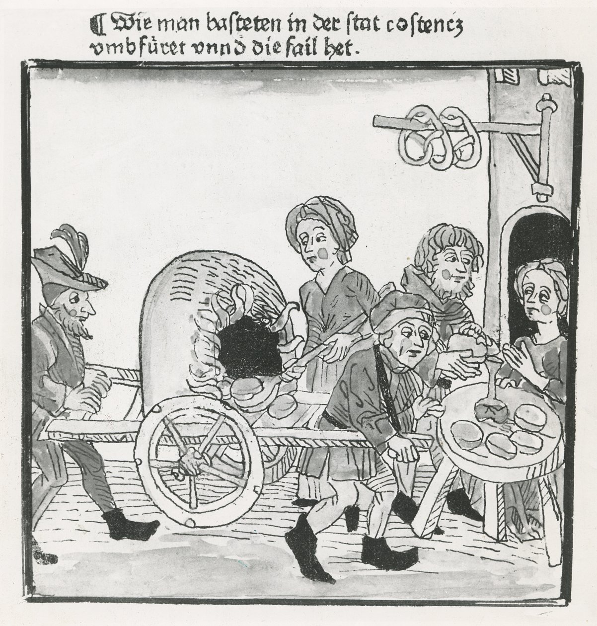 パンケーキとプレッツェルのホーカー、1417年のコンスタンツ評議会、インキュナブラ後、c.1485（紙にペンとインク） 作： ドイツ語学校