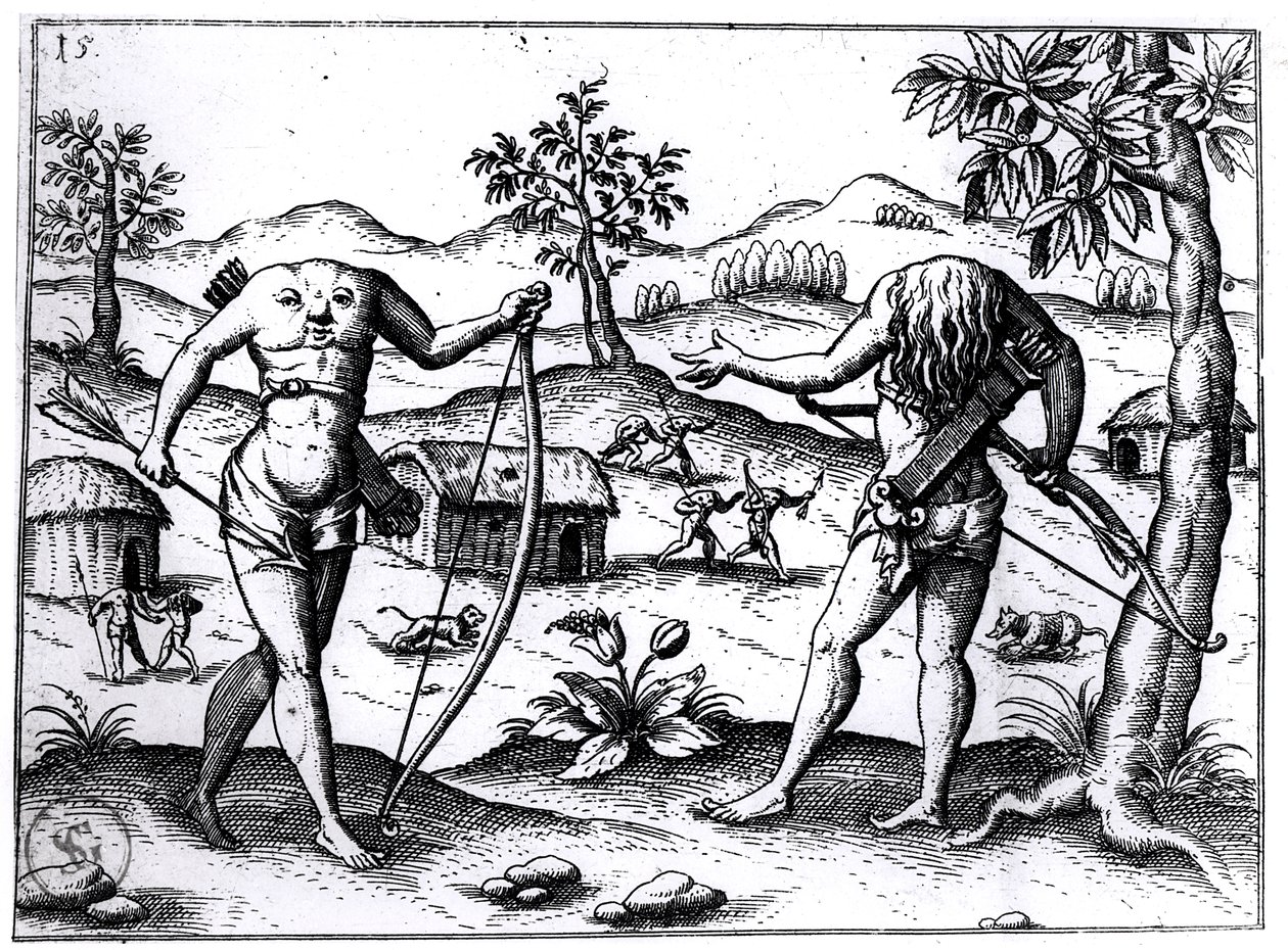 1599年ニュルンベルクで出版された頭のない男女、ガイアナのサーウォルターローリーズアカウントのイラスト 作： ドイツ語学校