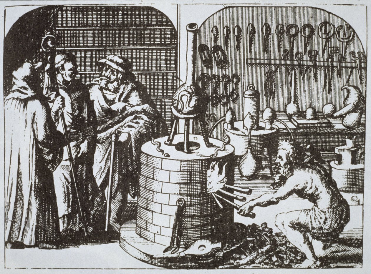 19世紀後半に出版された魔法の歴史に描かれているマイケル・マイヤー（1625）による博物館ハーメティクムのハーメティック哲学者と錬金術師 作： ドイツ語学校
