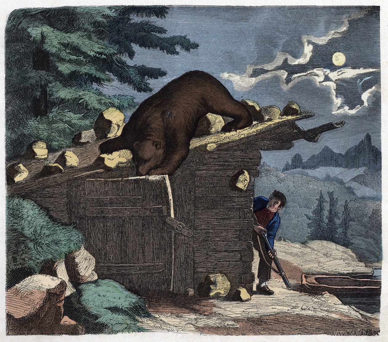 高山の森の熊を殺そうとするハンター。フランツ・ヴィーデマンのドイツ