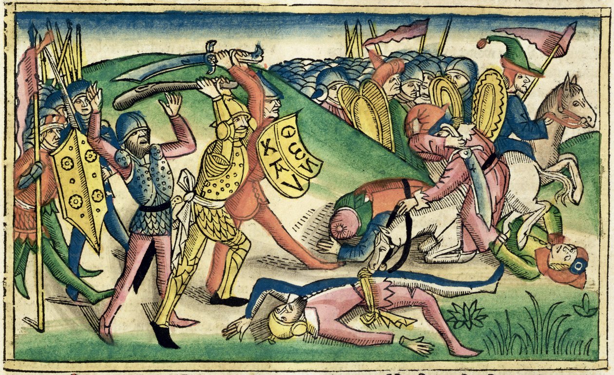 I Kings 15 16ニュルンベルク聖書（Biblia Sacra Germanaica）からのAsaとBaashaの間の戦争（色の木版画） 作： ドイツ語学校