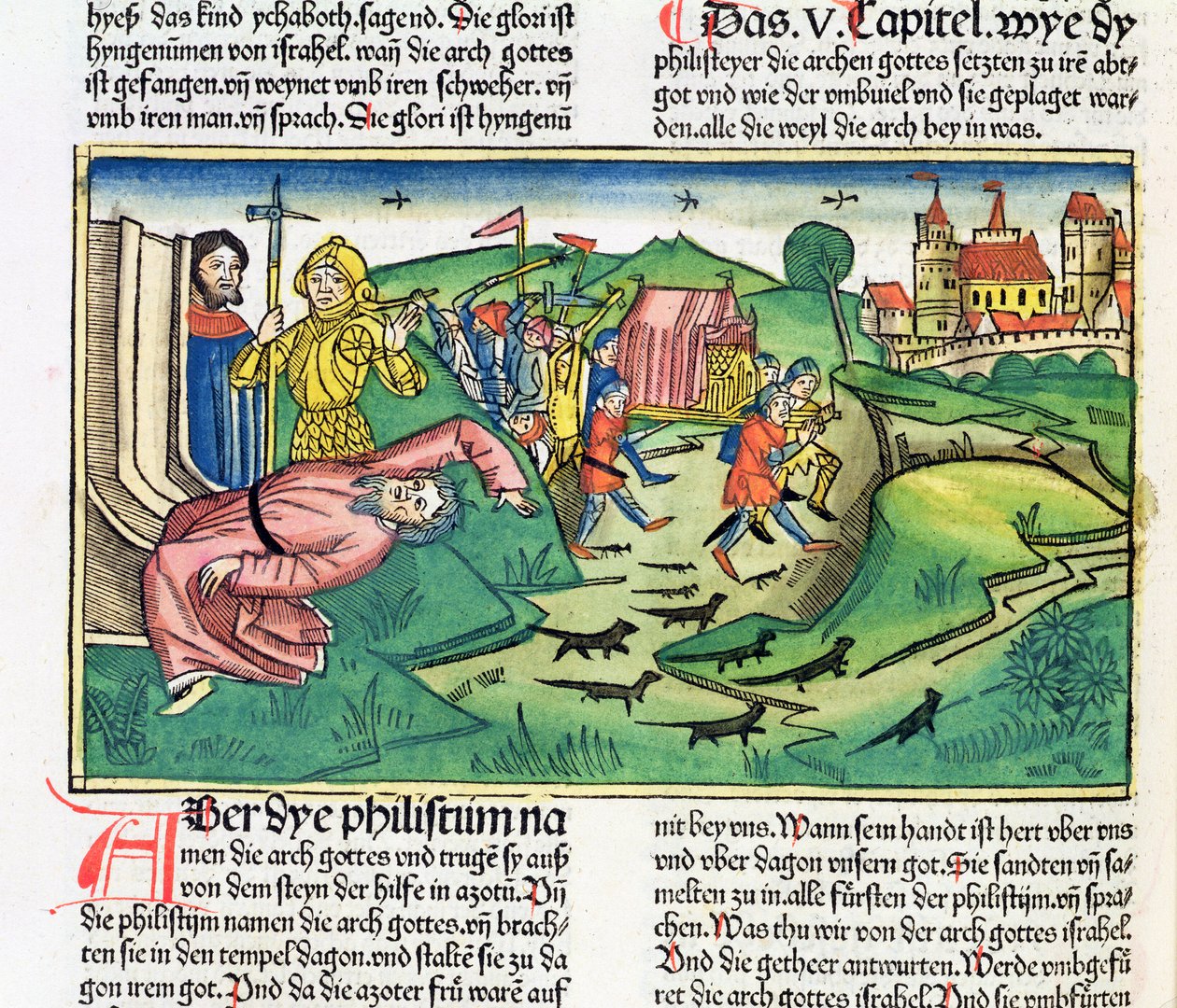 サムエル記5：1-11ペリシテ人は箱舟を占領し、ニュルンベルク聖書（Biblia Sacra Germanaica）（色の木版画）からペストに襲われます 作： ドイツ語学校