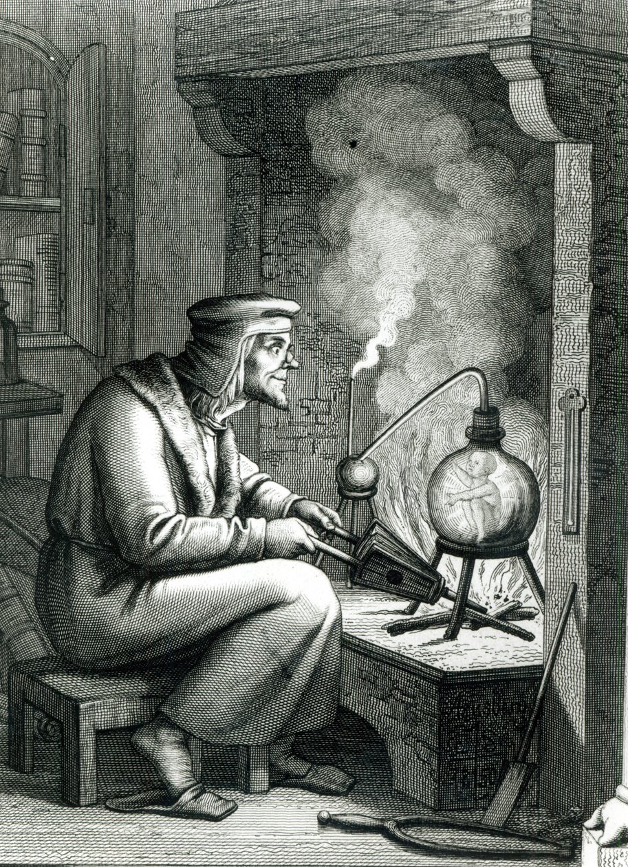 1854年のホムンクルスを作成するメフィストフェレスを描いたゲーテスファウストのイラスト 作： ドイツ語学校