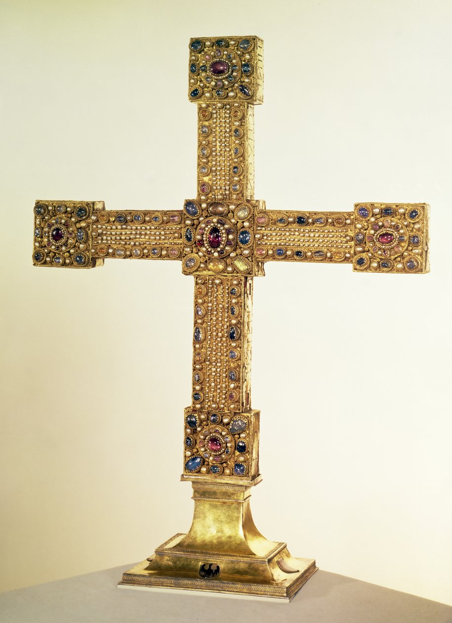 金のプレートで覆われ、真珠と貴石で飾られたオークで作られた、神聖ローマ帝国の帝国十字架、西ドイツ、1024-25（オーク、金、貴石と真珠） 作： ドイツ語学校