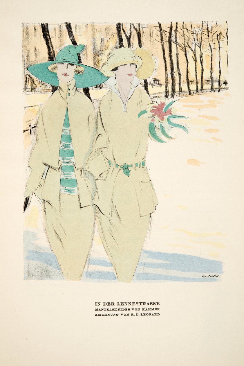 「In Der Lennestrasse」、ハマーのコートの広告、Styl, pub.1922より（ポショワール版画） 作： ドイツ語学校