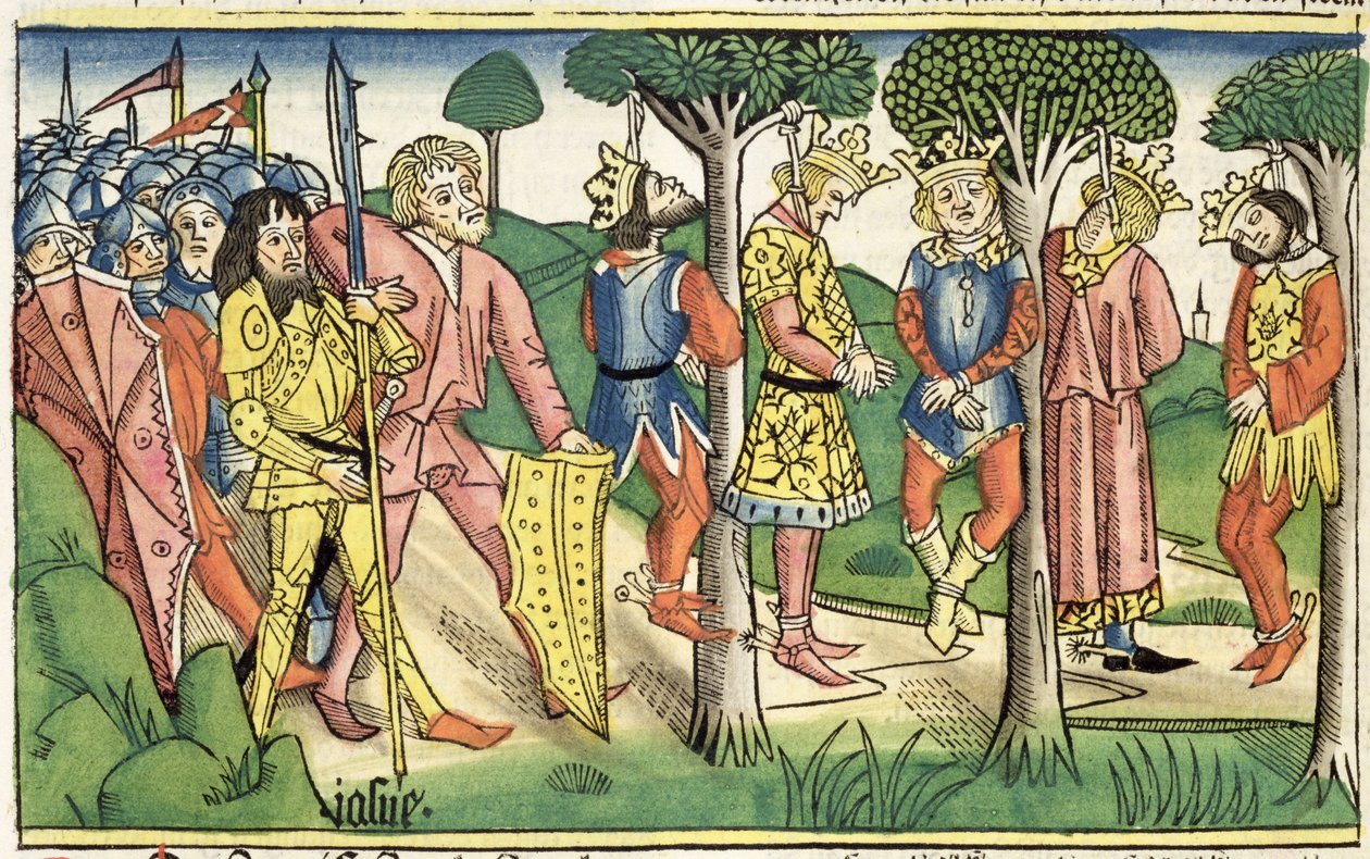 ヨシュア記 10 16-27 「ニュルンベルク聖書 (Biblia Sacra Germanaica)」からの 5 人の王の処刑 (着色された木版画) 作： ドイツ語学校