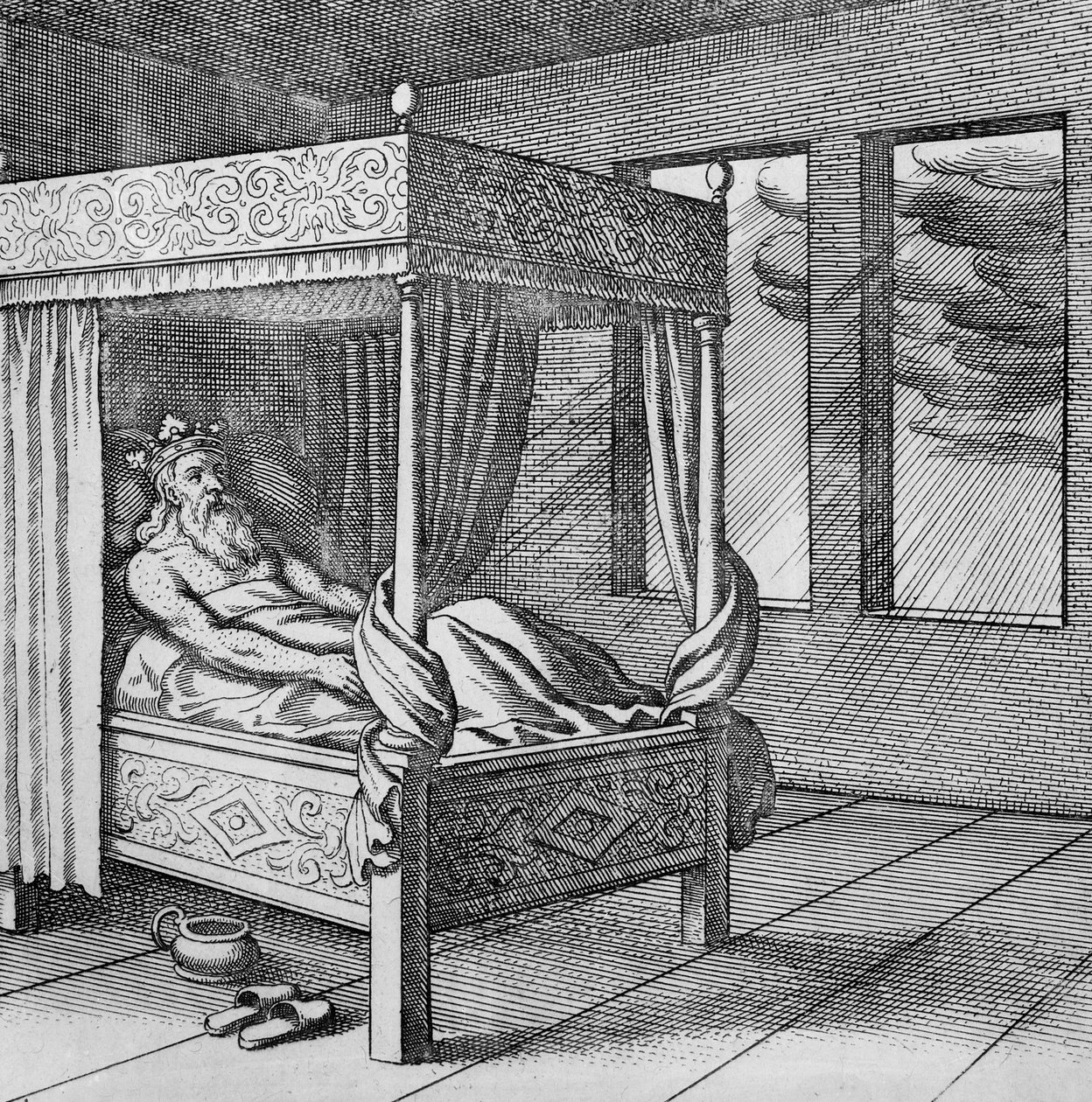 King watches the rain through his window (from Musaeum Hermeticum) 作： ドイツ語学校