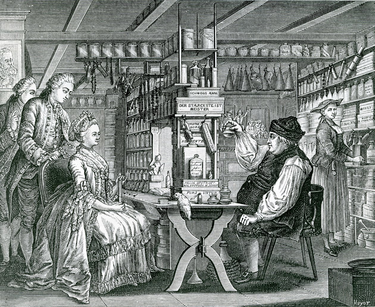素朴な薬局、版画はバルトロマウス・ハブナー（1727-1795）、1774年 作： ドイツ語学校