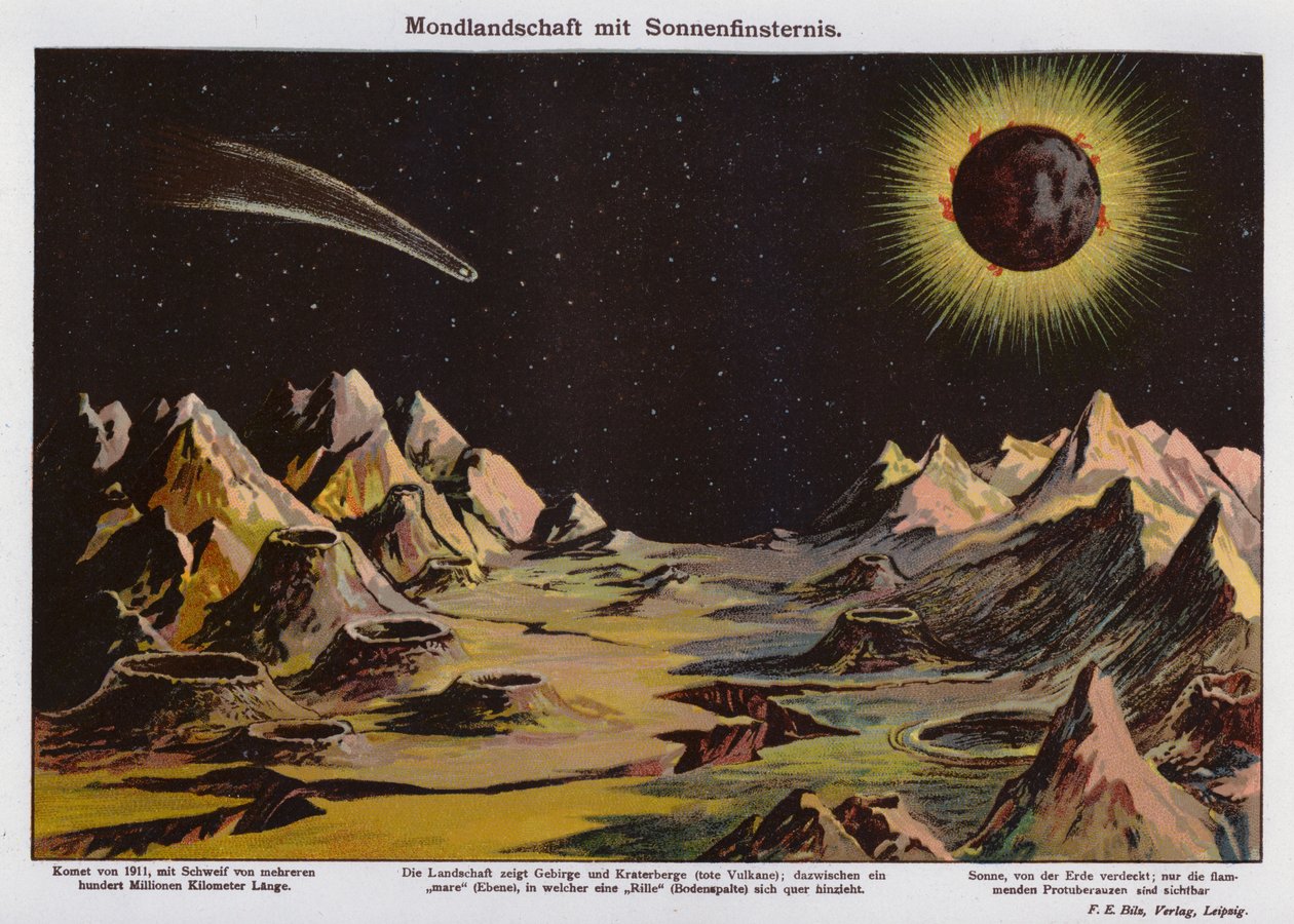 月の風景、日食、1911年の彗星（カラーリトグラフ） 作： ドイツ語学校