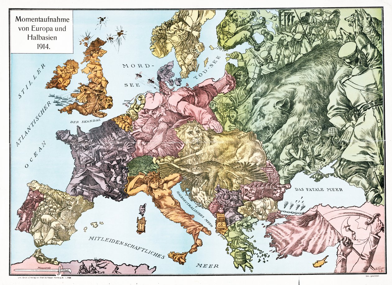 1914年のヨーロッパ地図、1915年発行（カラーリトグラフ） 作： ドイツ語学校