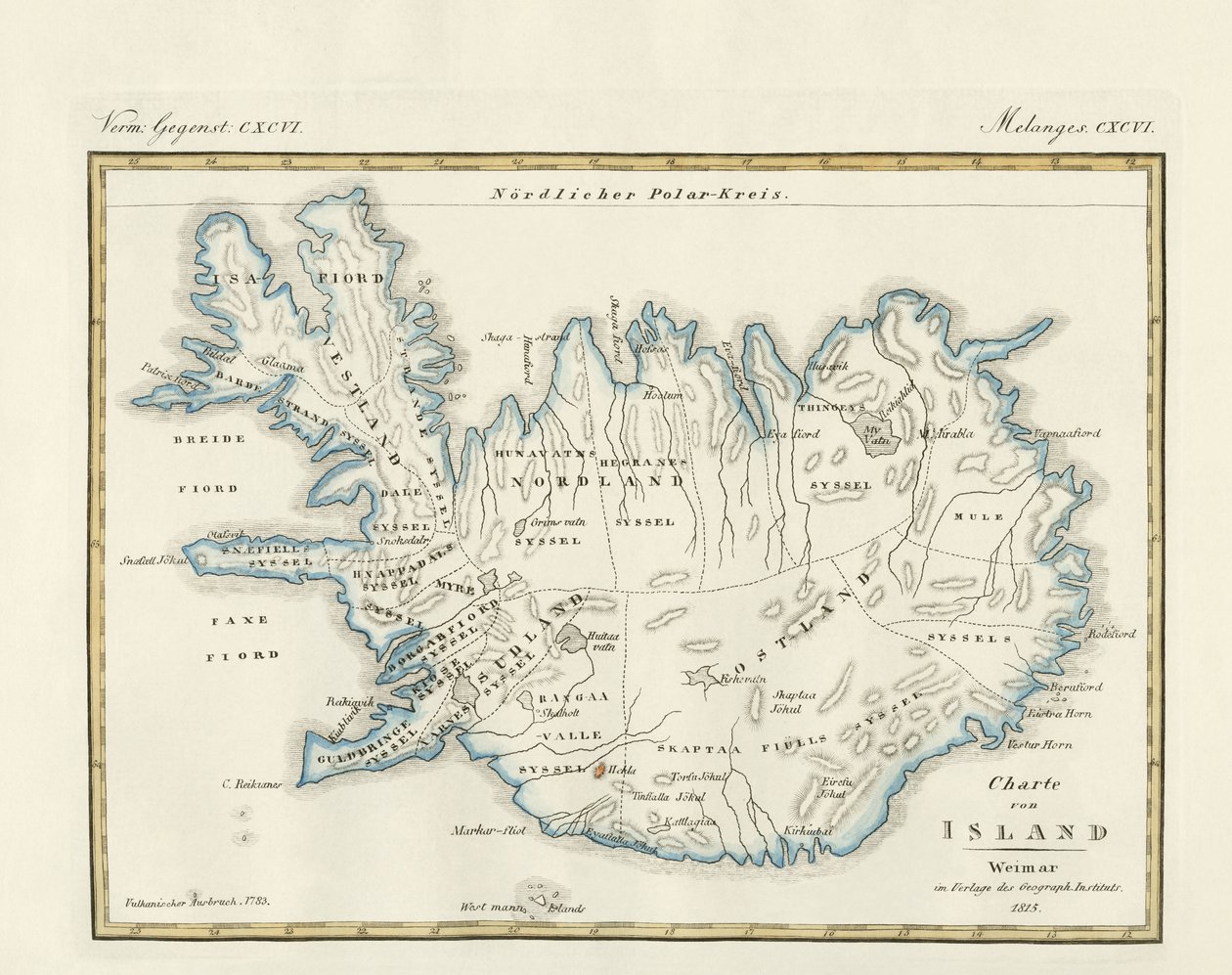 アイスランドの地図（彩色された彫刻 作： ドイツ語学校