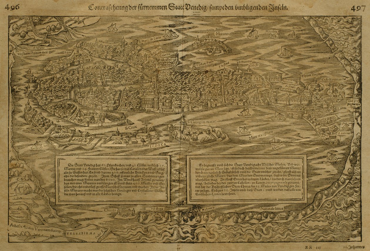 セバスチャンミュンスター（1488-1552）によるヴェネツィアの地図（1560年頃、バーゼルで出版） 作： ドイツ語学校