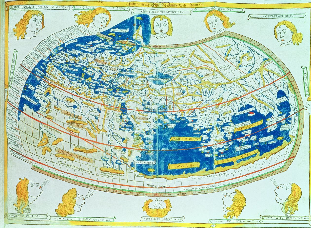 プトレマイオス (アレクサンドリアのクラウディウス プトレマイオス) (c.90-168 AD) による「Geographia」に記載されている説明と座標に基づいた世界地図、ドイツのウルムで出版 作： ドイツ語学校