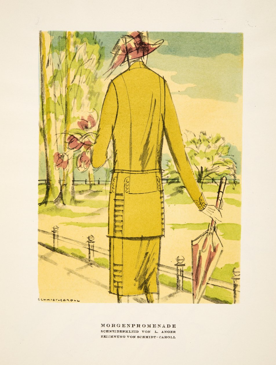 モルゲンプロムナード」、L.アンガーによる衣服の広告、『Styl』より、1922年発行（ポショワール版画） 作： ドイツ語学校