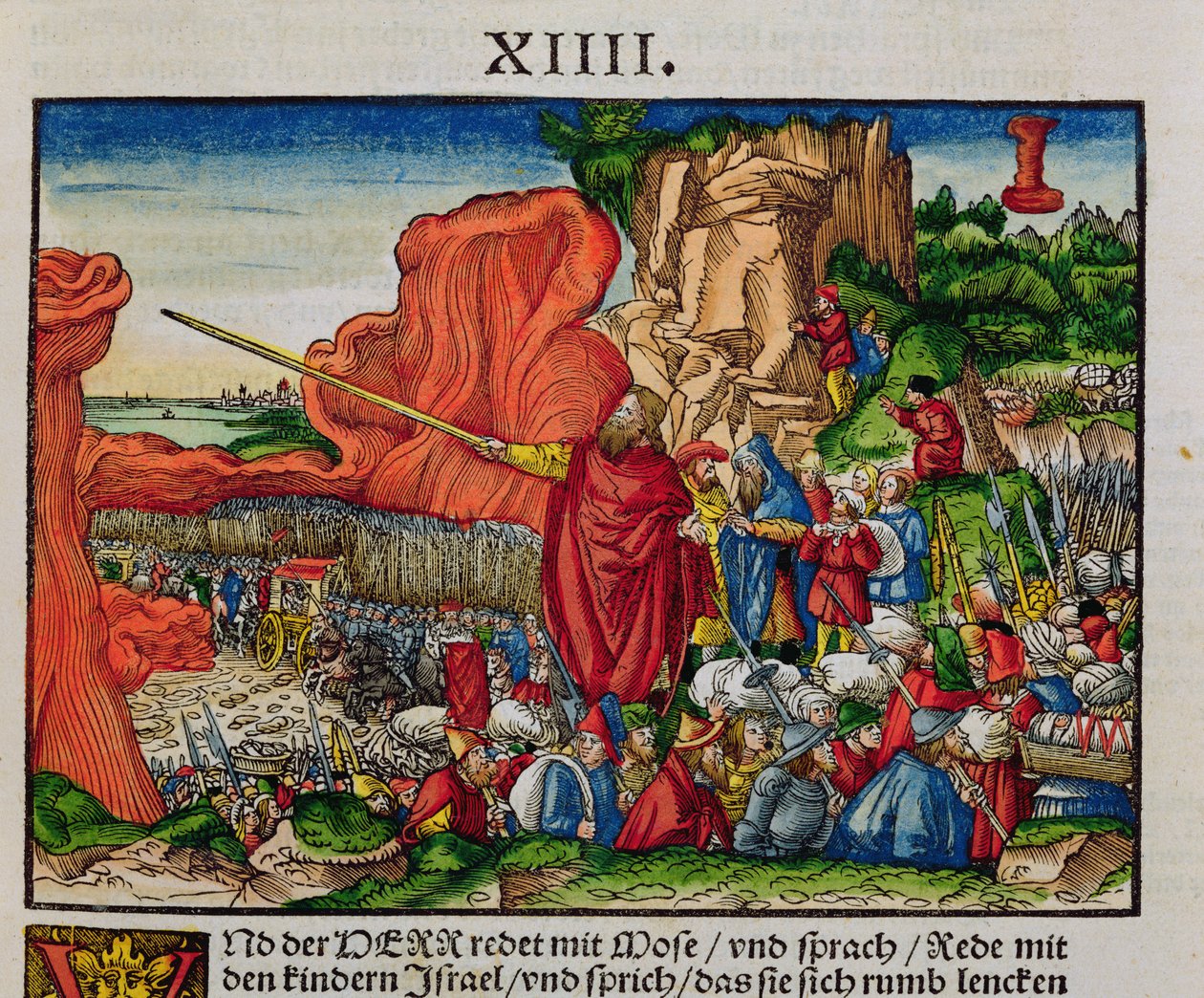 ルター聖書の紅海を渡るモーセ、1530年頃（色の木版画） 作： ドイツ語学校