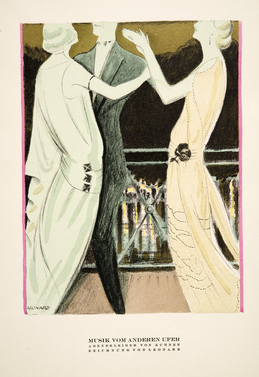 クーネンのイブニング・ドレスの広告「Musik vom Anderen Ufer」、Styl, pub.1922より（ポショワール版画） 作： ドイツ語学校
