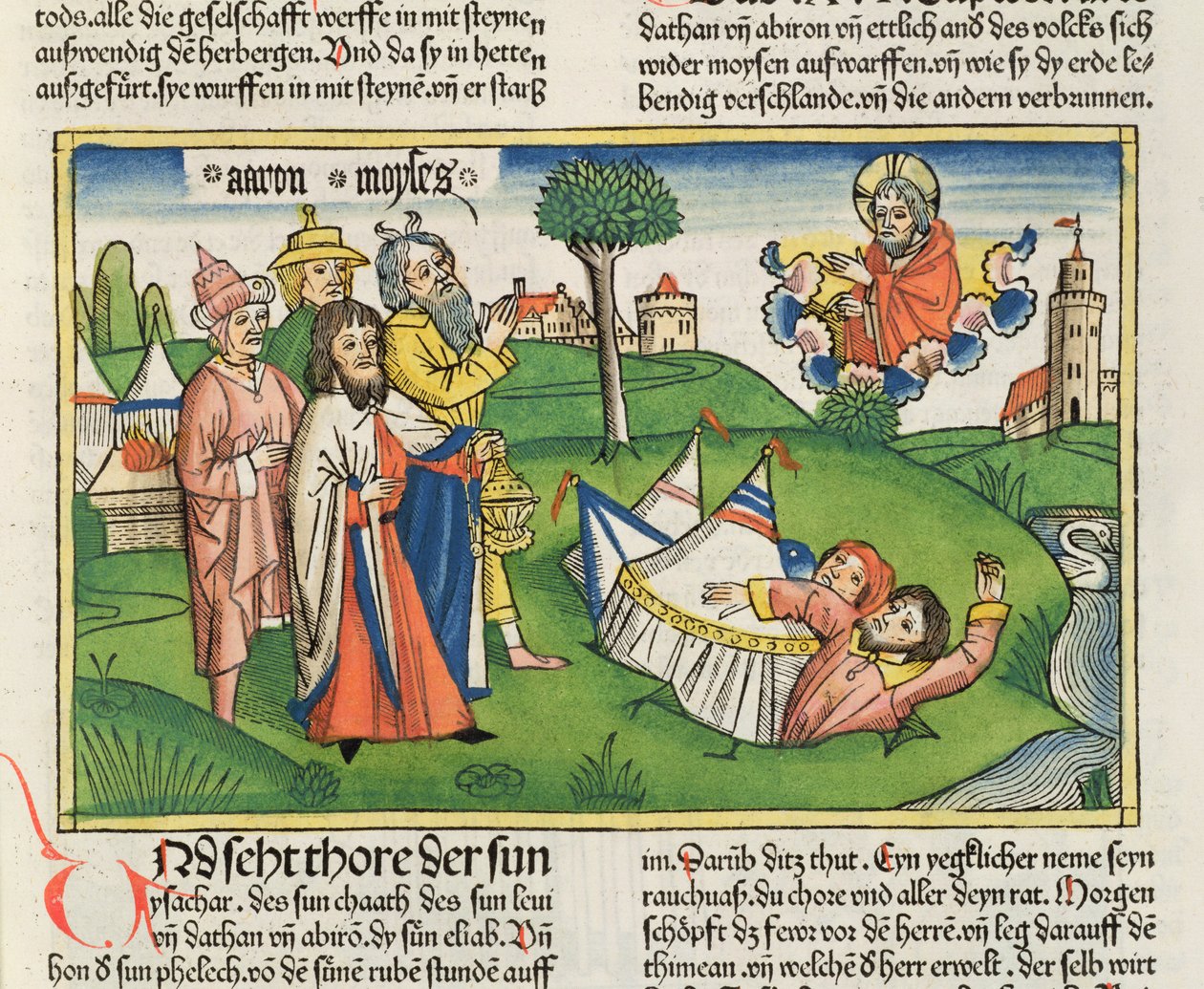 数字16 32地球は反逆者のデーサンとアビラムをニュルンベルク聖書（Biblia Sacra Germanaica）から飲み込みます（色の木版画） 作： ドイツ語学校
