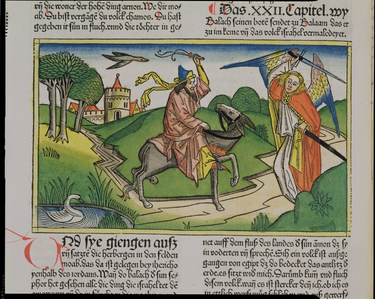 数字22 20-35ニュルンベルク聖書（Biblia Sacra Germanaica）からのおばあさんのロバの話（色の木版画） 作： ドイツ語学校