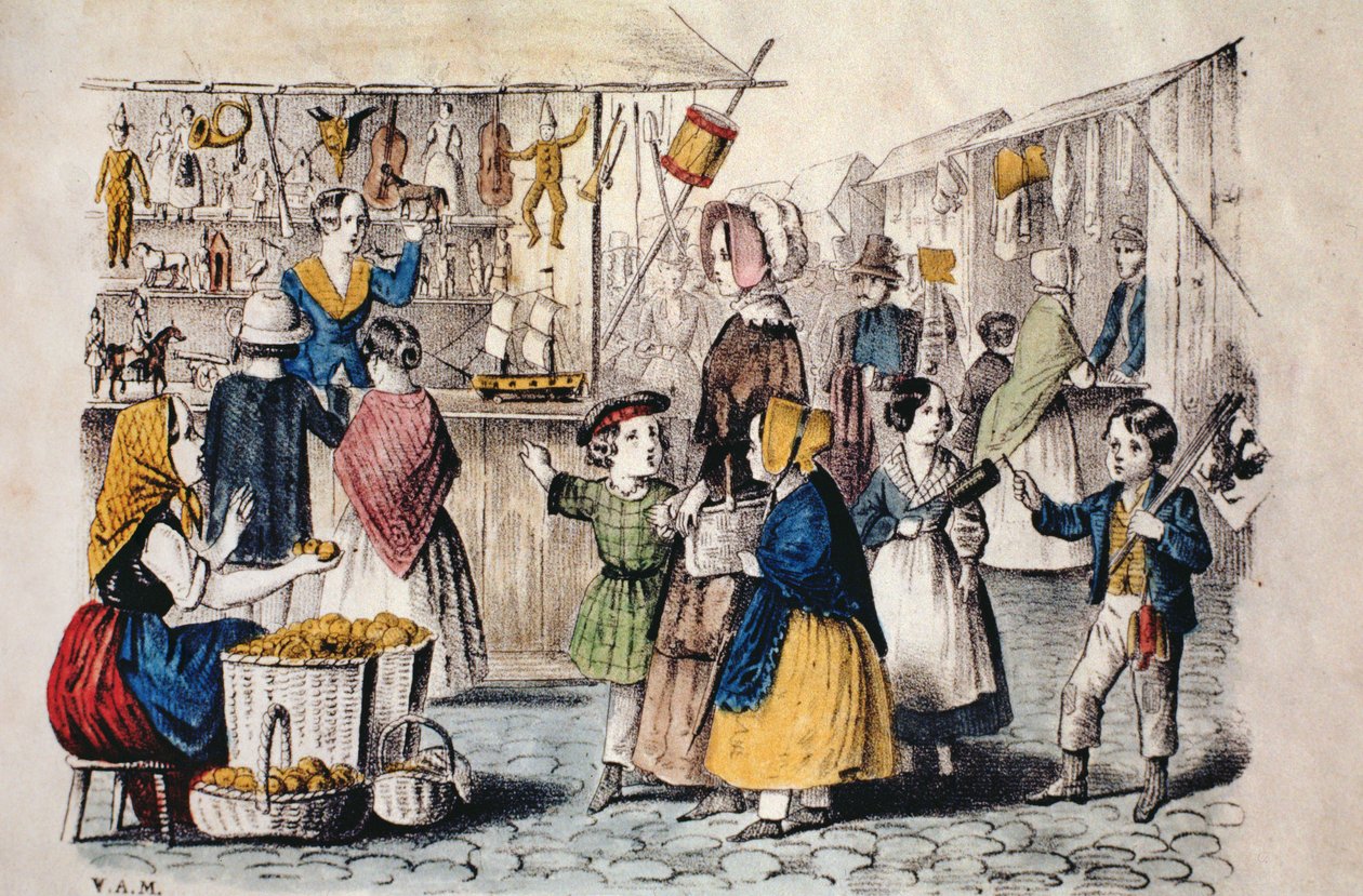 ドイツのオープンエアマーケット、1860年頃（カラー彫刻） 作： ドイツ語学校