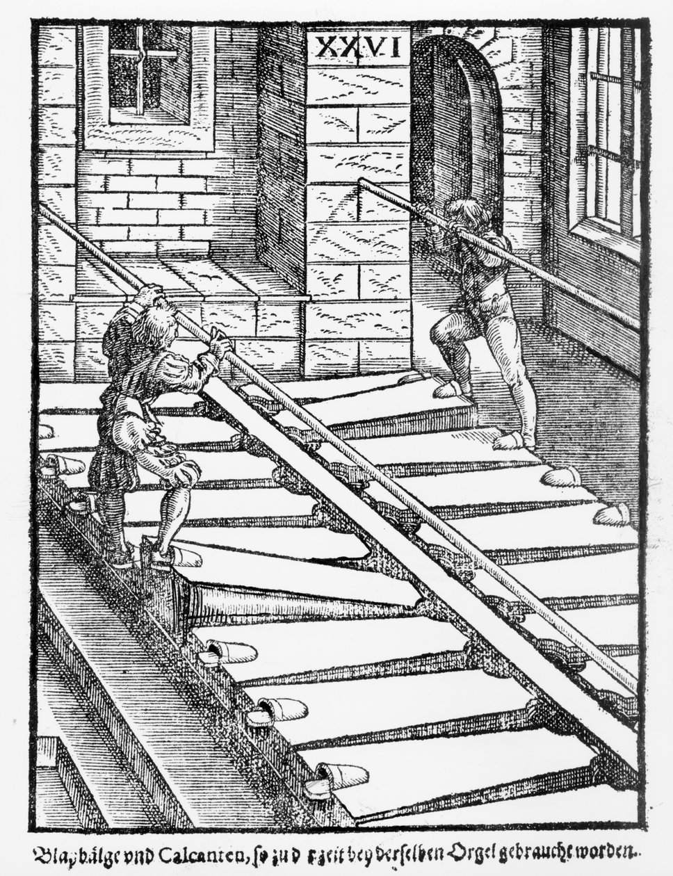 Praetorious Syntagma Musicum、パブからのハルバーシュタット大聖堂のオルガンベローズとブロワー。 1619年 作： ドイツ語学校