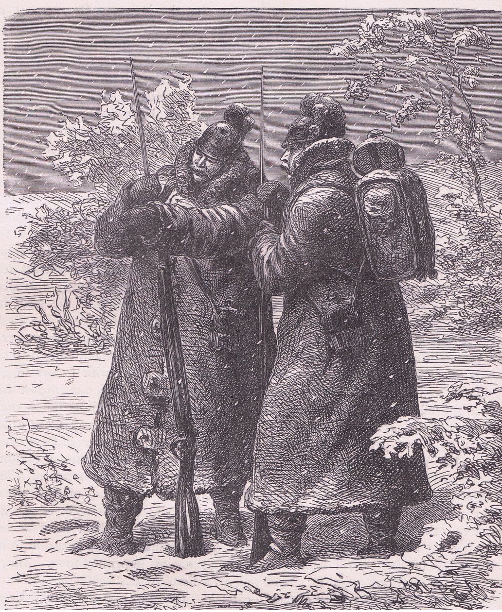 雪の中の前哨基地（Cassells History of the War between France and Germany, Cassell and Company Limited, c.1890 (litho)）。 作： ドイツ語学校