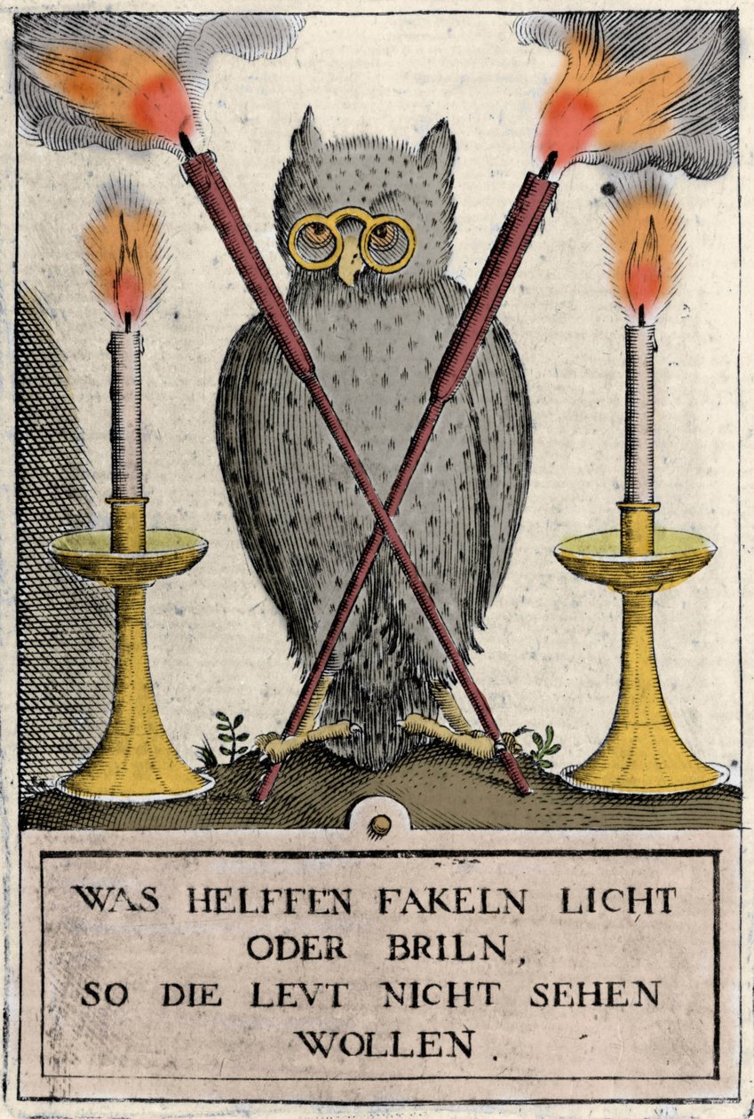 眼鏡をかけたフクロウは知恵の象徴。Amphitheatrum sapientiae aeternae "のエングレーヴィング。(永遠の知恵の円形劇場）（Hamburg: n.n. 作： ドイツ語学校
